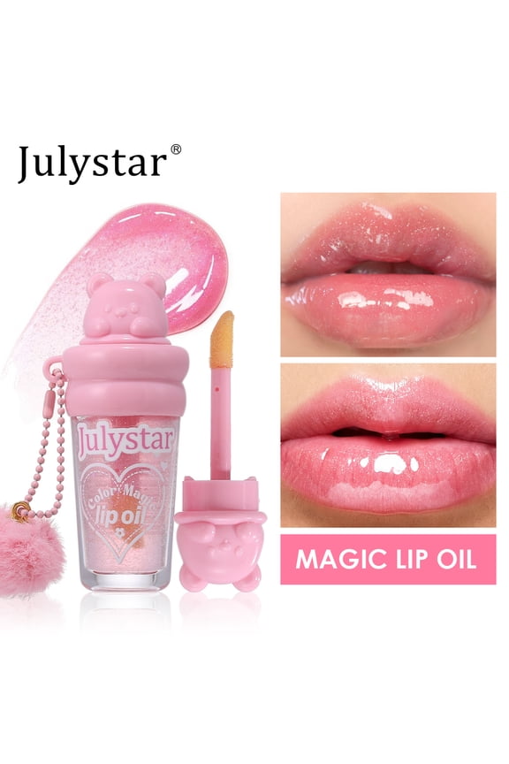 Bear Temperature Changing Lip Oil, Shimmery Pink Color Changing Lip Gloss, Moisturizing Non-Sticky Lip Tint with Pom Pom Keychain