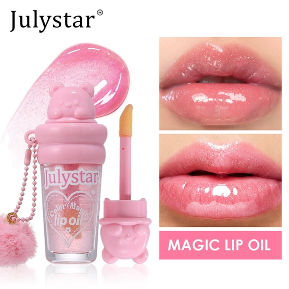 Julystar Bear Temperature Changing Lip Oil, Shimmery Pink Color Changing Lip Gloss, Moisturizing Non-Sticky Lip Tint with Pom Pom Keychain