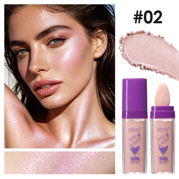 Julystar Body & Face Highlighter Powder, Sponge-Tip Loose Shimmer Powder, Multi-Use Glitter Highlight for Face, Collarbone & Body