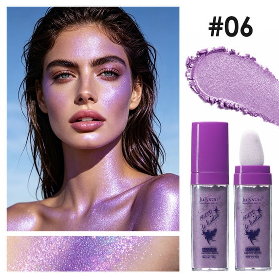Julystar Body & Face Highlighter Powder, Sponge-Tip Loose Shimmer Powder, Multi-Use Glitter Highlight for Face, Collarbone & Body