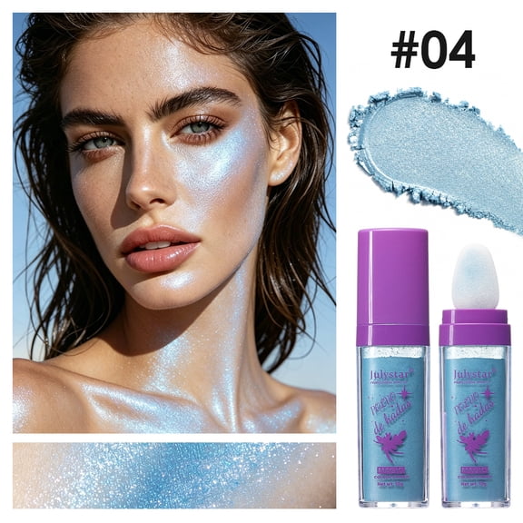 Julystar Body & Face Highlighter Powder, Sponge-Tip Loose Shimmer Powder, Multi-Use Glitter Highlight for Face, Collarbone & Body