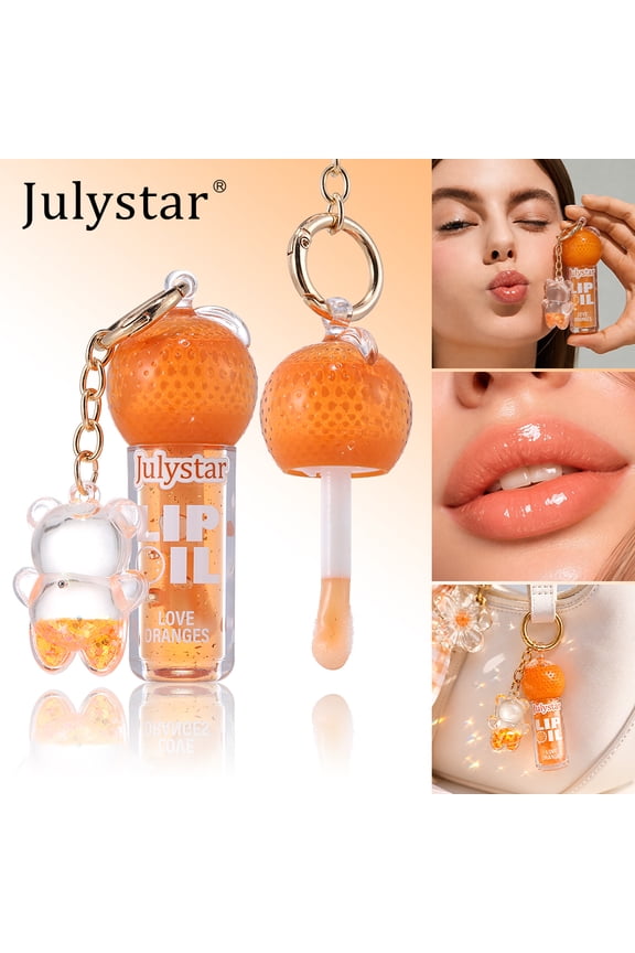 Orange Lip Oil, Moisturizing High Shine Lip Gloss with Bear Keychain, Non-Sticky Plumping Lip Oil for Dry Lips, All-Day Hydrating Lip Care
