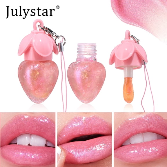 Julystar Strawberry Color Changing Lip Gloss, Temperature Changing Shimmer Lip Oil, Moisturizing Non-Sticky Lip Tint with Keychain, Long Lasting Lip Makeup for Women