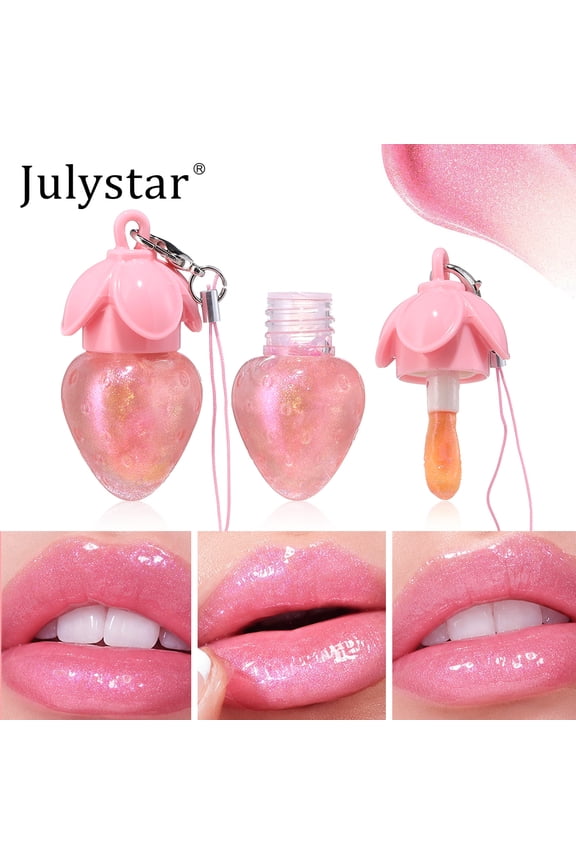 Strawberry Color Changing Lip Gloss, Temperature Changing Shimmer Lip Oil, Moisturizing Non-Sticky Lip Tint with Keychain, Long Lasting Lip Makeup for Women