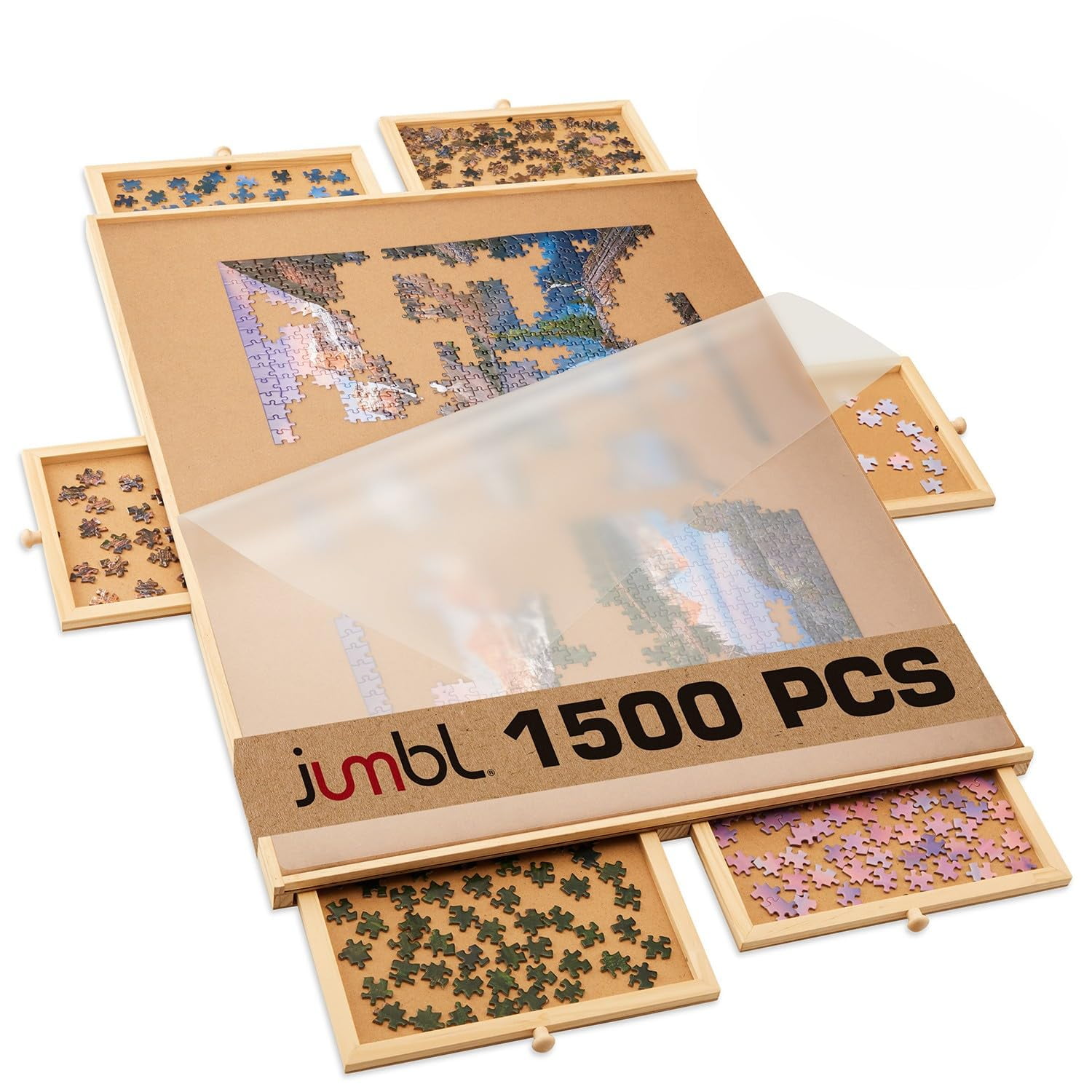 Jumbl 1500-Piece Puzzle Board with Drawers, Lazy Susan & Cover - Rotating Wooden Jigsaw Puzzle Table