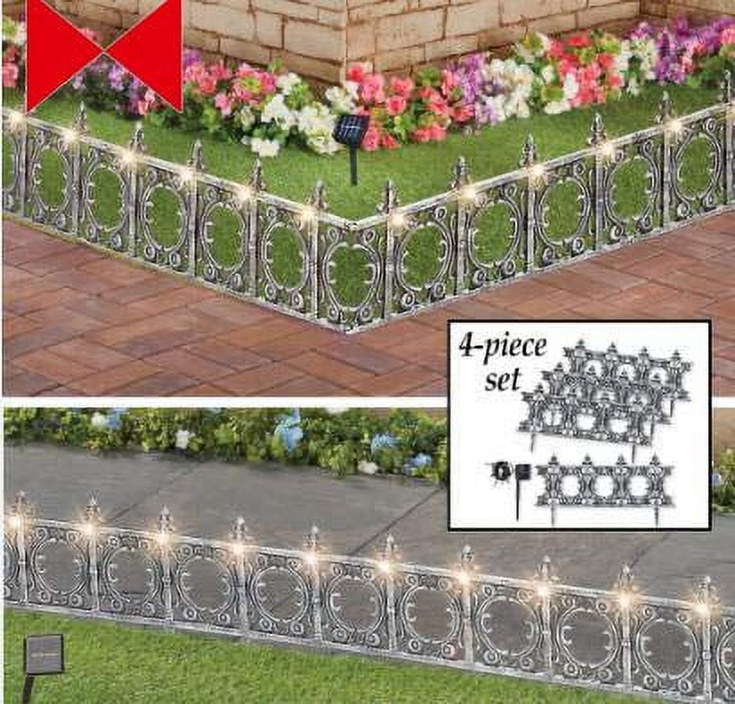 Solar-Lit Silver Wrought Iron Style Garden Fence Set