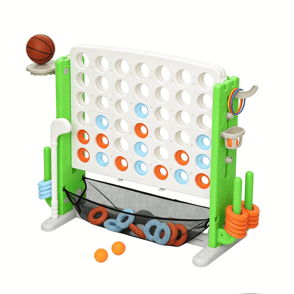 Jumbo 4-to-Score Connect Game with Height Adjustment: Multi-Game Set Including Golf, Basketball Hoop, Ring Toss & Mesh Bag for Family Indoor Outdoor Activities