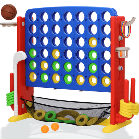 YUKOOL 4-to-Score Connect Game Set, Height-Adjustable Jumbo Yard Game with Golf, Basketball Hoop, Ring Toss for Kids and Adults, Blue, 1 Pack
