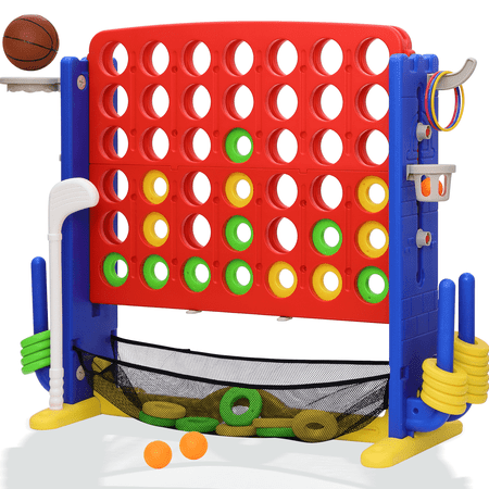 Jumbo 4-to-Score Connect Game Set: Height-Adjustable Yard Game with Golf, Basketball Hoop, Ring Toss & Mesh Bag for Kids & Adults, Red
