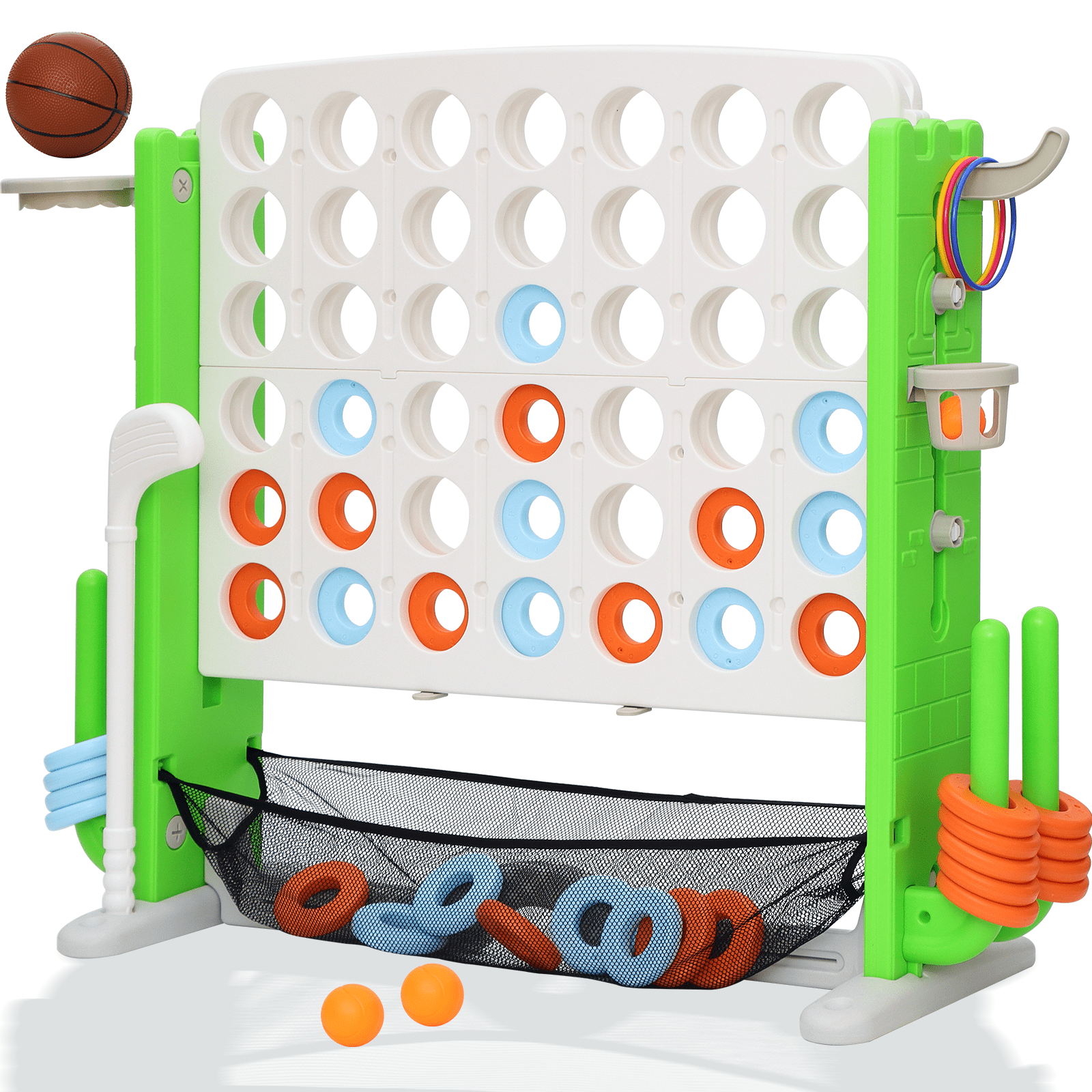 Jumbo 4-to-Score Connect Game Set: Height-Adjustable Yard Game with Golf, Basketball Hoop, Ring Toss & Mesh Bag for Kids & Adults, White Green