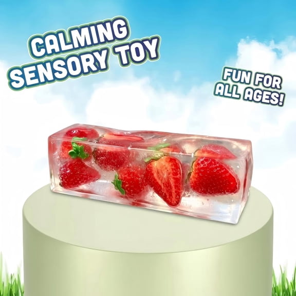 Jumbo 5" Strawberry Ice Cube Squishy Toys, Cute Squeeze Fruit Block, Fun Stress Relief Sensory Fidget for Novelty Desktop Decor