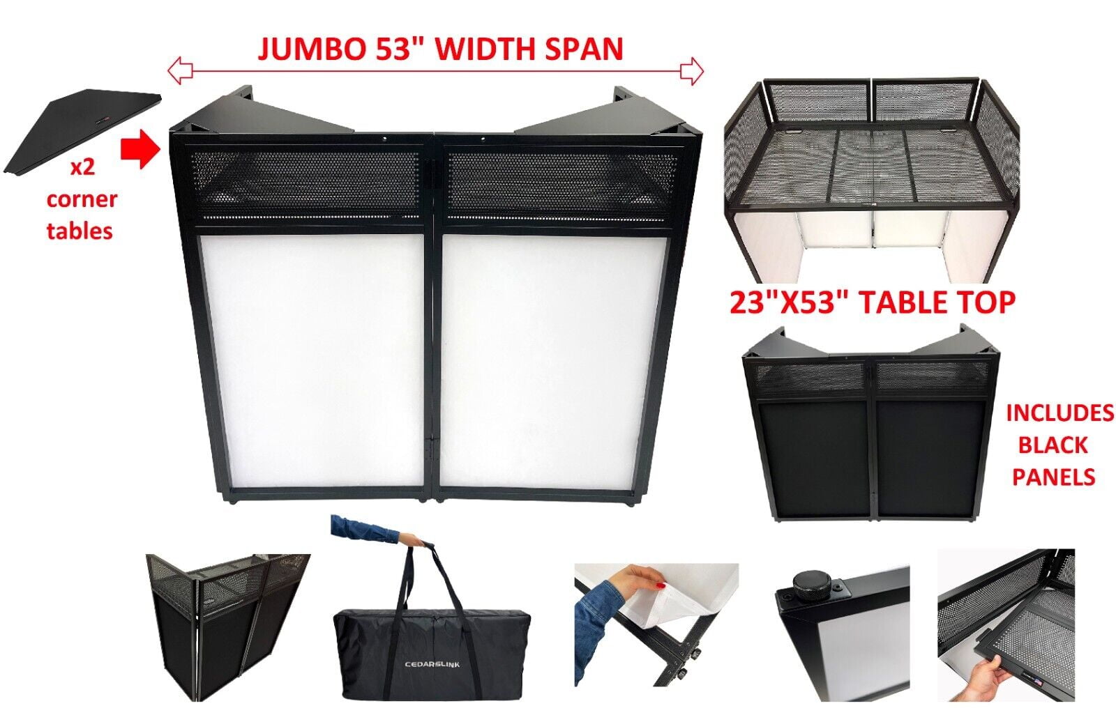 "CedarsLink DJ Facade Booth, 53"" Wide, White/Black Scrim, Two Top