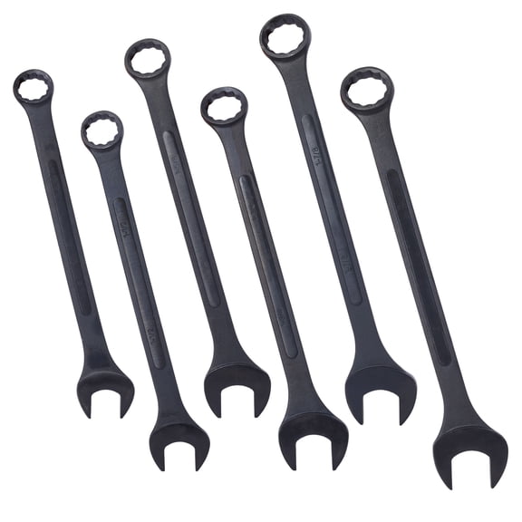 Jumbo 6-Piece Combination Wrench Set, SAE 1-3/8" to 2", Black Oxide Finish, Chrome Vanadium Steel, Includes Pouch, Heavy-Duty Extra-Large Wrenches for Farm & Industrial Use