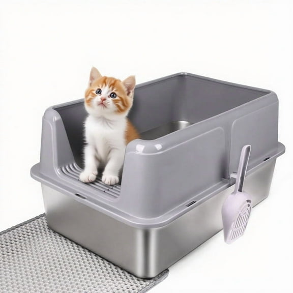 Jumbo Cat Litter Box Stainless Steel - Extra Large Open Top for Big Cats, High Sides Reduce Scatter, Non Stick & Leak Proof, Easy Clean w/Scoop & Mat