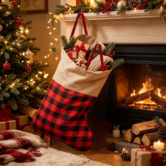 Jumbo Classic Plaid Christmas Stockings Candy Gift Storage Bag, 17"x34" Large Capacity Vintage Hanging Gift Socks for Xmas Tree Fireplace Mantel Home Holiday Party Decoration Foldable Storage