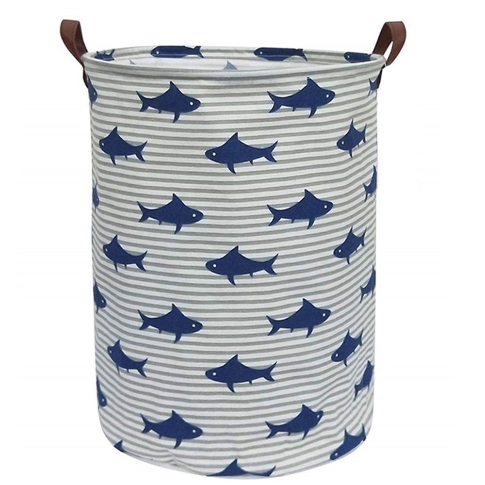 Jumbo Collapsible Canvas Laundry Hamper, Round, Dark Blue Sharks