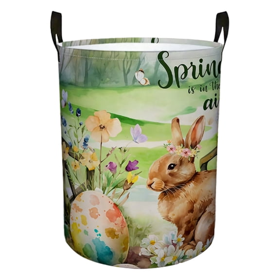 Jumbo Collapsible Round Laundry Hamper with Watercolor Easter Bunny Print – Extra Large Dirty Clothes Basket with Handle (15.7x19.7 in, Design A)