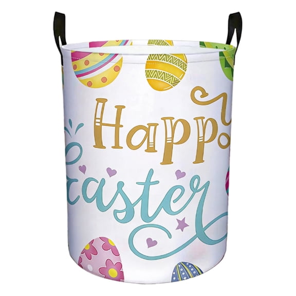 Jumbo Collapsible Round Laundry Hamper with Watercolor Easter Bunny Print – Extra Large Dirty Clothes Basket with Handle (15.7x19.7 in, Design D)