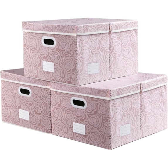 Jumbo Collapsible Storage Boxes with Lids Fabric Decorative Storage Bins Cubes Organizer Baskets with Cover Handles Divider for Bedroom Closet Living Room 23.2x15.7x11.6 Inch 3 Pack Pink