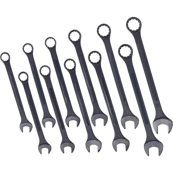 Jumbo Combination Wrench Set, SAE 1-5/16 Inches to 2 Inches, 11-Piece Open-End Wrench Set, Black Oxide Finish, Rolling Pouch