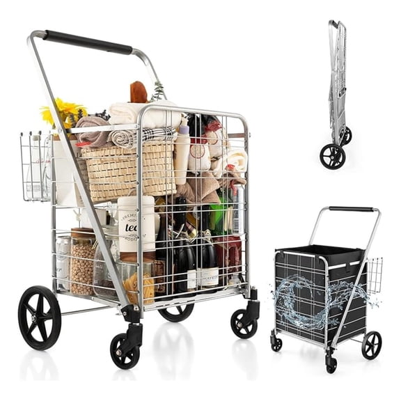Jumbo Deluxe Folding Shopping Cart, Foldable Grocery Cart on Wheels with Cloth Liner, Double Baskets, Hold Up to 330 LBS, Heavy Duty Utility Cart for Laundry, Grocery, Shopping