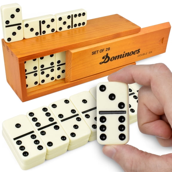 Jumbo Dominoes Set for Adults and Kids – Domino Set for Classic Board Games – Jumbo Dominoes Double 6 for Travel Games – Dominos Set for Adults 28 Tiles with Brown Wood Case