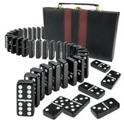 Jumbo Double Six Domino Set - 28 Thick Black Tiles - Sophisticated Wooden Vegan Leather Box - Classic Family Game - Math Skills and Strategy - 2-4 Players