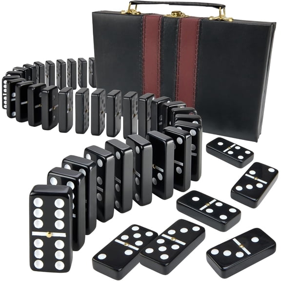Jumbo Double Six Dominoes Set - 28 Black Classic Tiles in Faux Leather Case - Fu