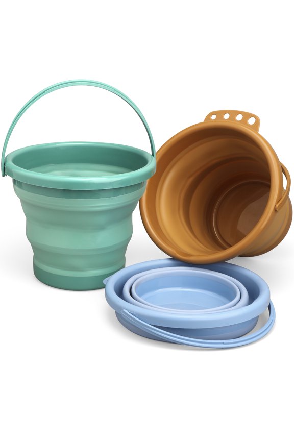 Jumbo Foldable Beach Sand Bucket Toy for Kids, 3L Collapsible Sandbox Pail, Easter Buckets, 3 Pack Multi Use Tool for Garden （Avocado）, Planting, Camping, Fishing, Washing, Summer Holiday Travel