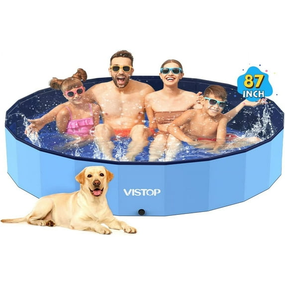 Jumbo Foldable Dog Pool, Hard Plastic Shell Portable Swimming Pool for Dogs Cats and Kids Pet Puppy Bathing Tub Collapsible Kiddie Pool (87inch.D x 15.7inch.H, Blue)