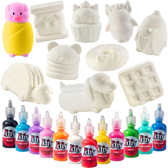 Jumbo Food Animal Squishies (8 Shapes w 12 Fabric Paints) -White Kawaii Scented Slow Rising Squishy Toys, Decorating, Scented Stress Relief Craft, Kids School, Birthday Party Activity Gift(4"-6")