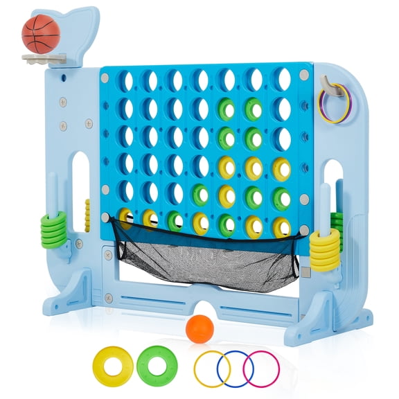 Jumbo Four in a Row Game for Kids & Family Height Adjustable 3 Levels, Built-in Net & Easy-Pull Sliders Indoor & Outdoor Floor Game