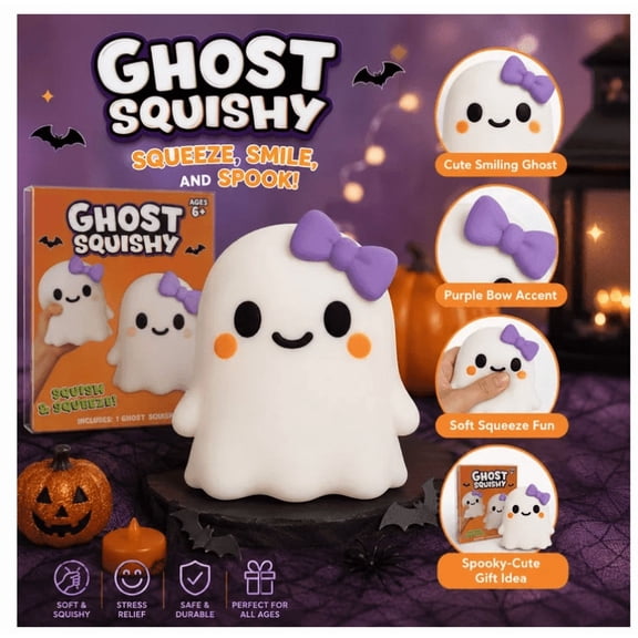 Jumbo Ghost Squishy, Adorable Smiling Ghost Fidget Figure, Halloween Themed Sensory Hand Activity for Ages 6+