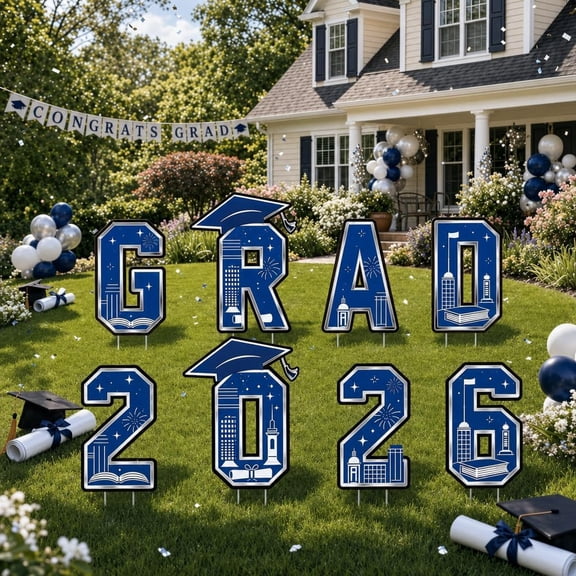 Graduation Yard Signs Class of 2026, 10 PCS Blue and White Yard Decorations Outdoor with Stakes, Large Outdoor Grad Party Decor for High School, College