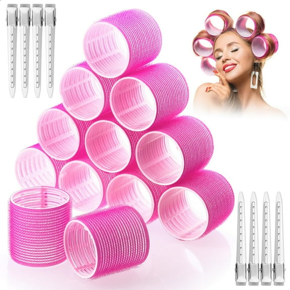 Jumbo Hair Curlers Rollers, 12Pcs 60mm Jumbo Hair Roller Curlers Self Grip Holding Rollers with 12Pcs Hair Clips for Long Straight Thick Hair (Rose Red)
