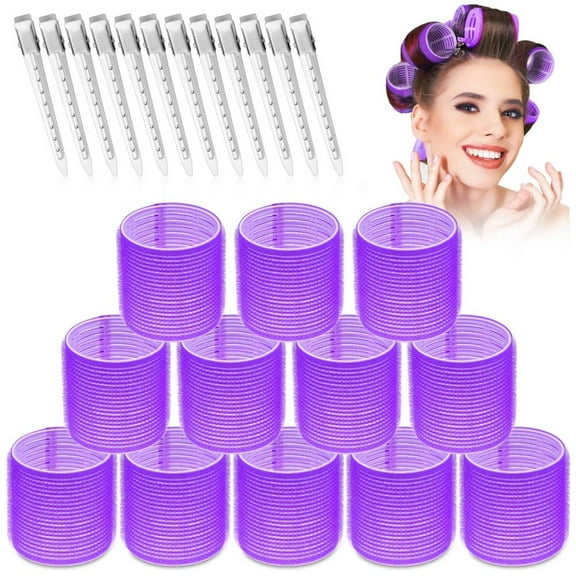 Jumbo Hair Curlers Set - 24 Pieces with 12 Large Rollers and 12 Clips for Adding Volume to Long, Thick Hair (Purple)