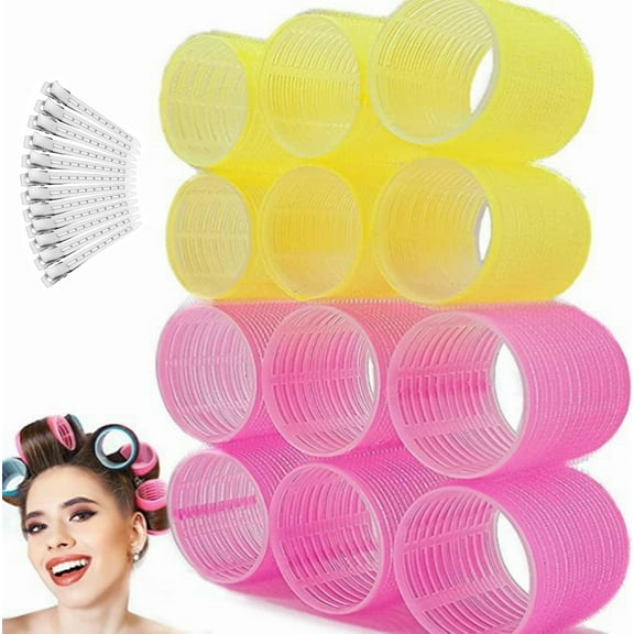 Jumbo Hair Rollers Sets, 12 Pcs Self Grip Salon Hair Dressing Curlers with 12 Pcs Duckbill Clips, Jumbo Large Rollers for Long Short Hair, DIY Curly Hairstyle for Women, Colors May Vary