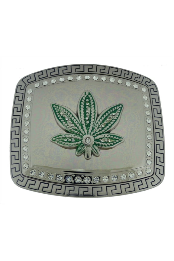 Jumbo Heavy Marijuana Leaf Green Silver Rhinestones Antiqued Belt Buckle Rasta Culture Dub Music