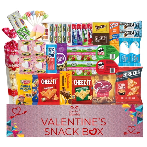 Jumbo Jumble Valentine’s Snack Box College Care Package (45 Count) Fun Romantic Gift Idea Assortment Cookies Chips Snacks Variety Pack Boyfriend Girlfriend Kids Adults Men Women Student