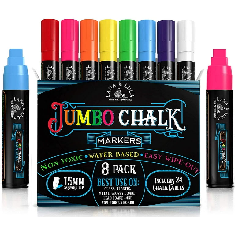 Jumbo Liquid Chalk Markers Square Tip - Bold Color Chalk Board Marker for  Chalkboards, Windows, Signs, Blackboards - 24 Chalkboard Labels Included -  Multicolor 15mm Tip (8 Pack) 