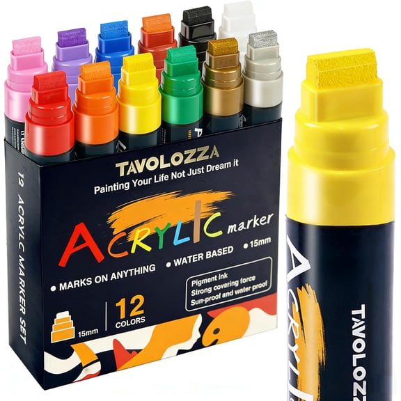 Jumbo Markers 12 Colors, Graffiti Markers-Include Gold Silver, 15MM Felt Tip Acrylic Paint Marker, Thick Jumbo Marker for Posters Board, Fabric, Canvas, Window, Wood, Teachers, Banner, Glass