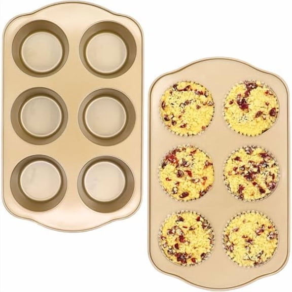 Jumbo Muffin Pan 2 Pack, Nonstick Large Cupcake Pan 6 Cup, Heavy Duty 0.5mm Thick Steel Big Muffin Tins for Baking, 3.5inch Dia, Gold