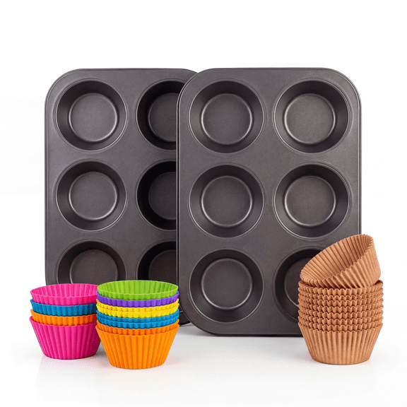 Jumbo Muffin Pan 2-Pack with 12 Silicone Cups and 100 Paper Liners