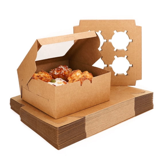 Jumbo Muffins Boxes 4 Count, 50pcs Jumbo Muffin Containers Cupcake Boxes with Insert and Display Window, Natural Color Kraft Cupcake Carrier Fits 4 Cupcakes or Muffins