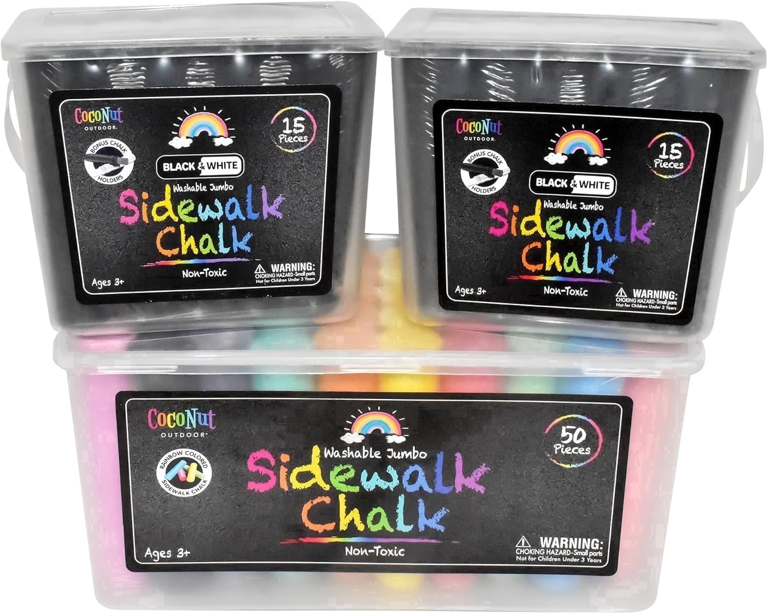 Jumbo Outdoor Sidewalk Chalk | 80 Pieces Mega Bucket Set with 50 Color, 20 Black & 10 White Chalks + 4 Holders | Washable Non-Toxic Chalk for Driveways, Playgrounds & Outdoor Fun | Kids Ages 3+