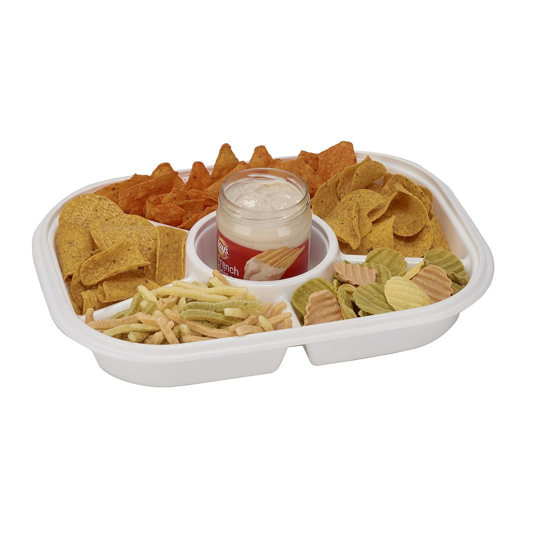 Jumbo Party tray perfect Party Buddy at any serving event. Snap on lid to keep food fresh. Dishwasher safe top rack, center bowl hold premade disps and sauces