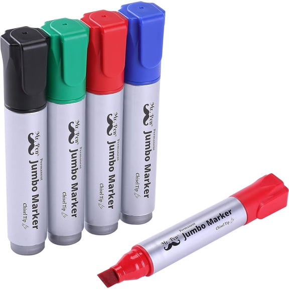 - Jumbo Permanent Markers, 4 Pack, Assorted Color, Chisel Tip, Wide Tip, Large, Thick Permanent Markers for Canvas, Posters Board, Fabric, Window, Glass, Wood, Waterproof, Quick Dry