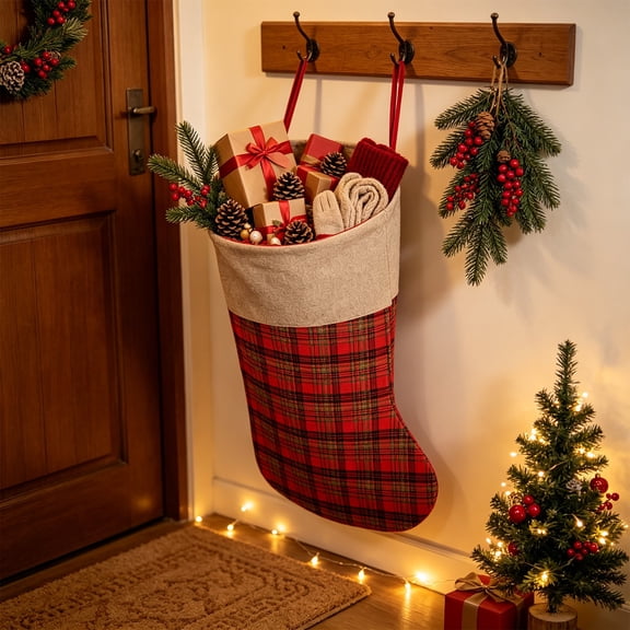 Jumbo Plaid Christmas Stockings 34 Inches for Xmas Tree Fireplace Hanging Decor and Holiday Party Family Home Decorations