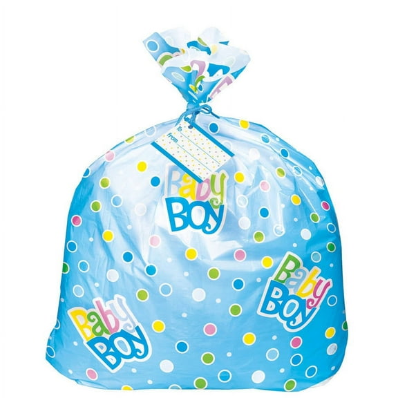 Jumbo Plastic Blue Polka Dot Baby Shower Gift Bag, 1ct