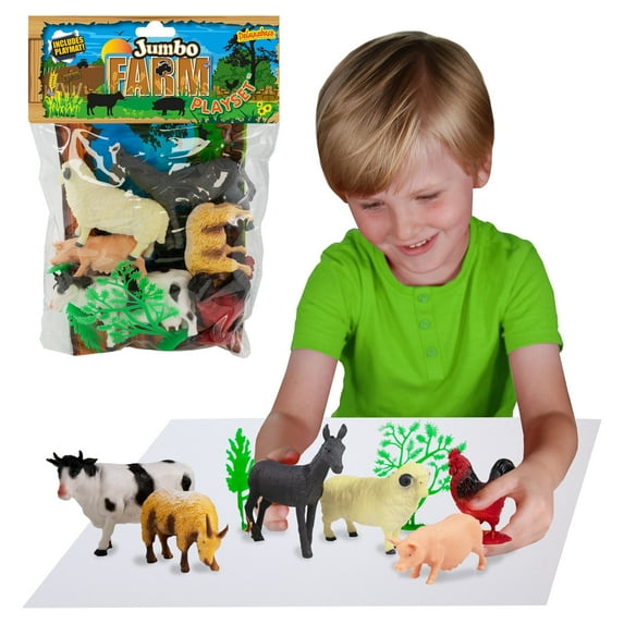 Deluxebase Jumbo Farm Animal Playset – 10-Piece Toy Figures Set with Cow, Pig, Goat & More